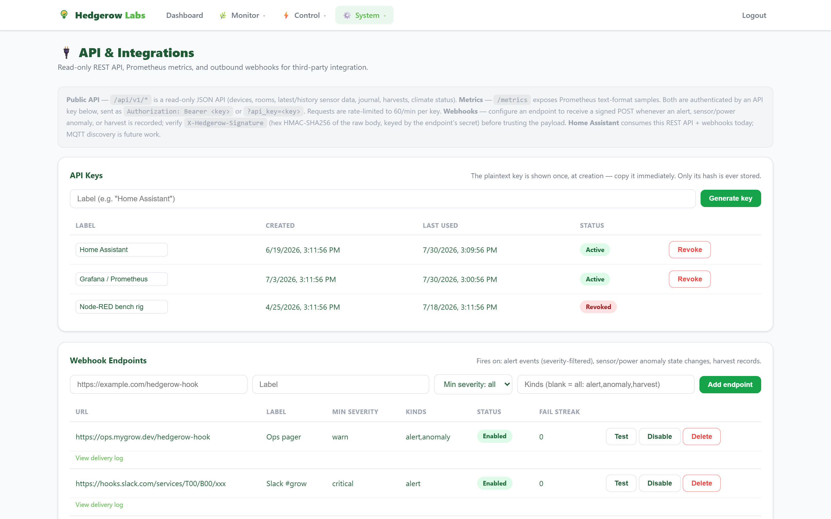 API & Integrations — bearer keys, Prometheus metrics and signed outbound webhooks