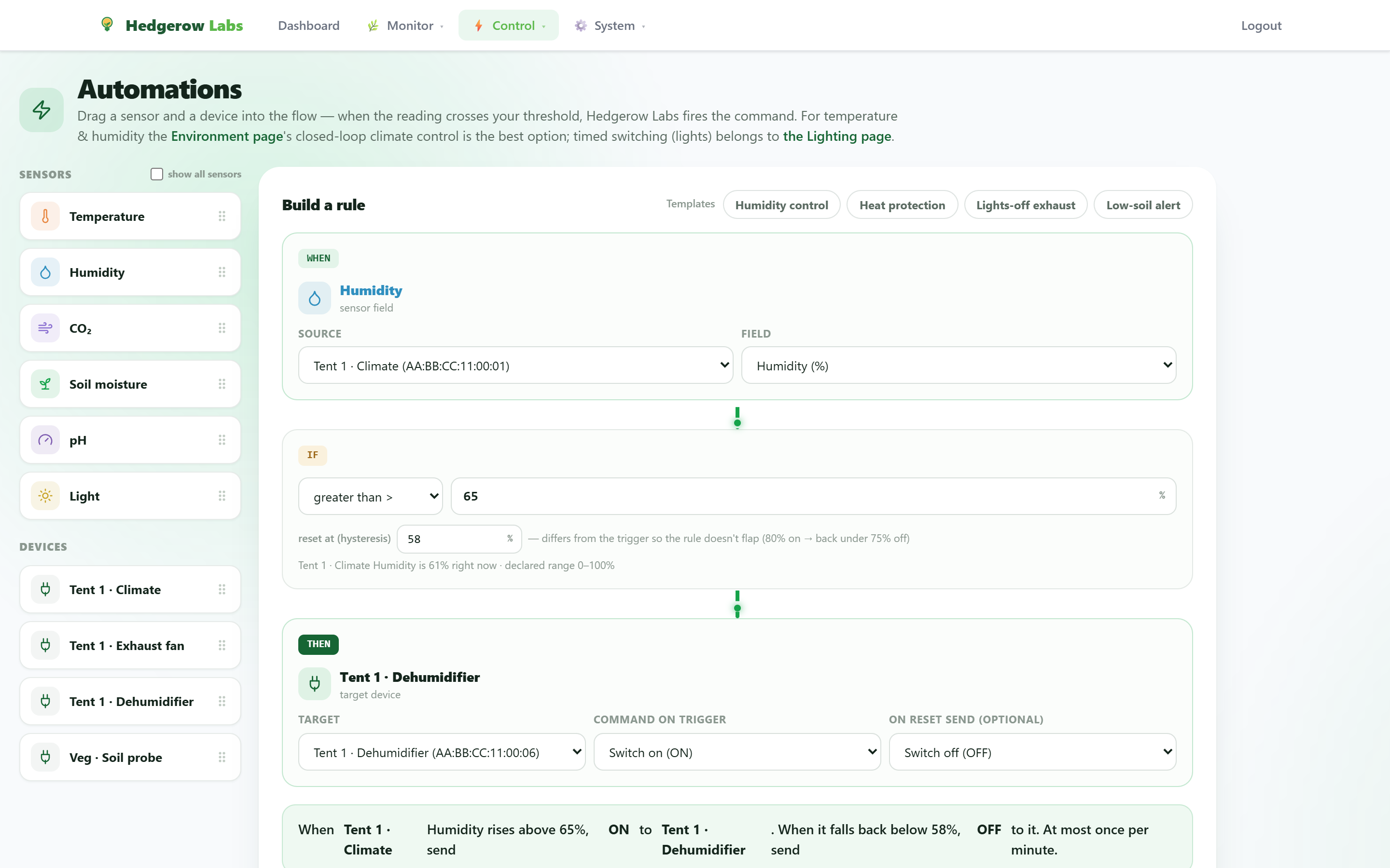 Automations — visual rule builder with threshold, hysteresis and target device