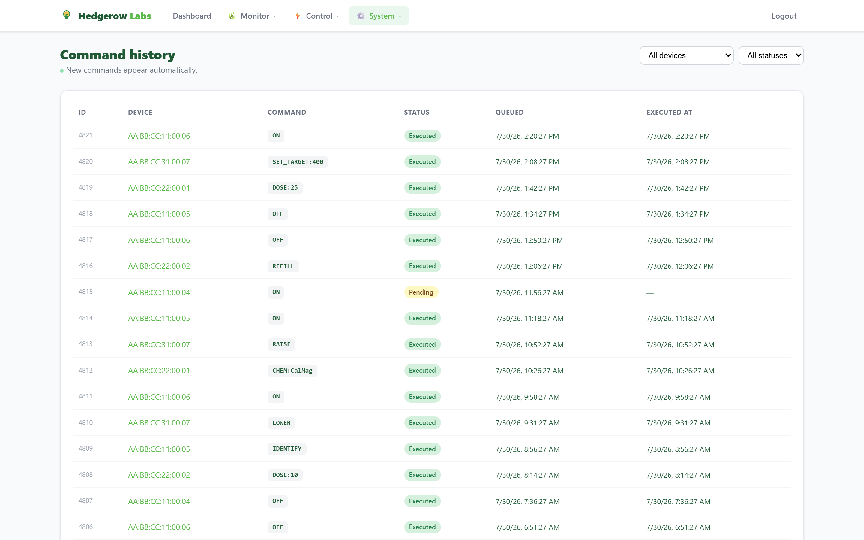 Command history — every device command, queued to executed