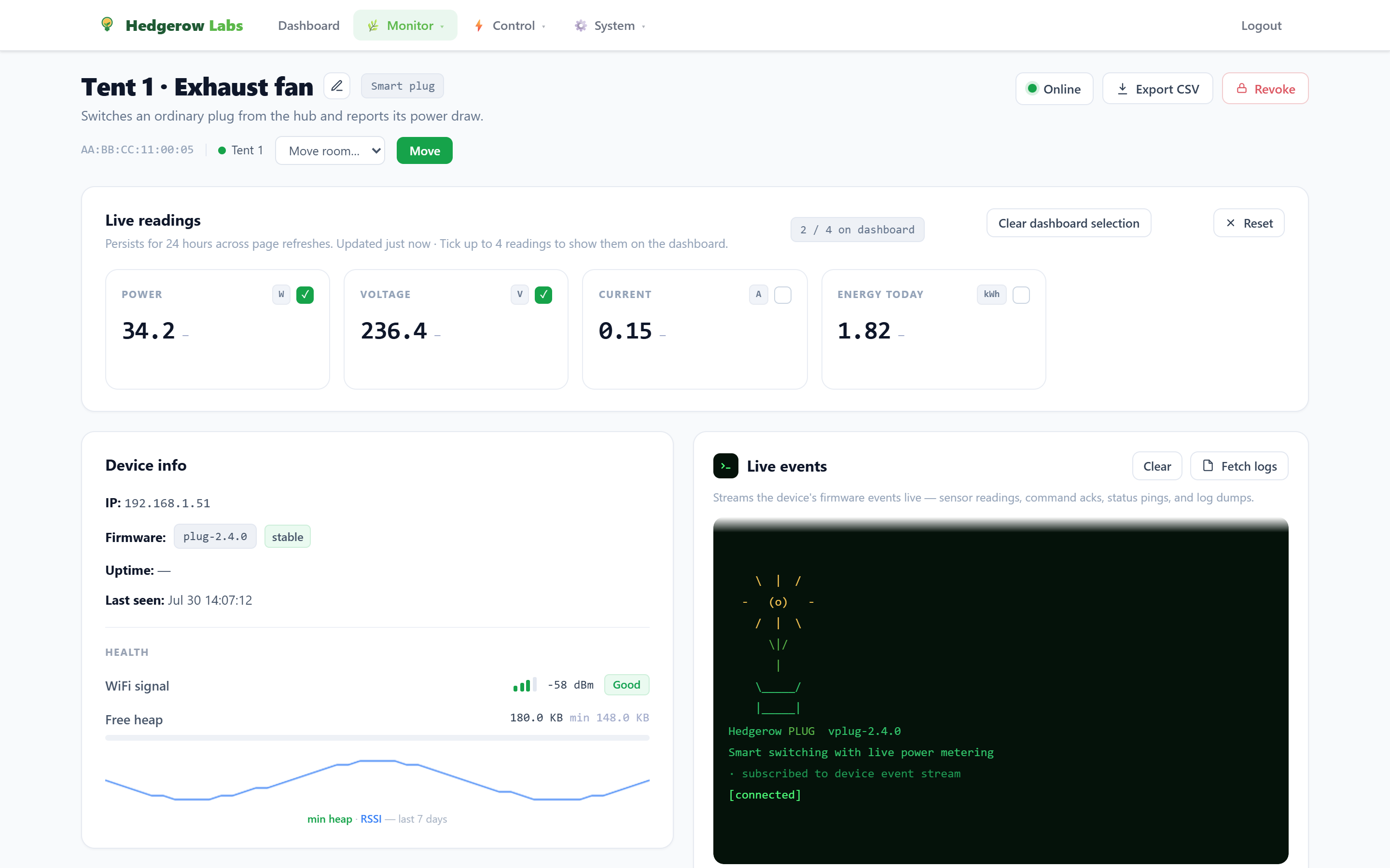 Device console — live readings, commands and health