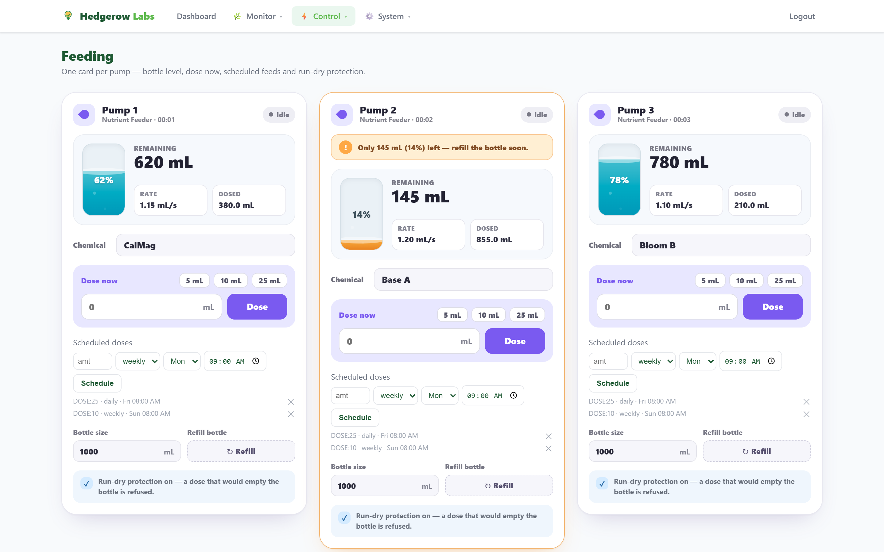 Feeding — one card per pump with live bottle levels, preset doses and scheduled feeds