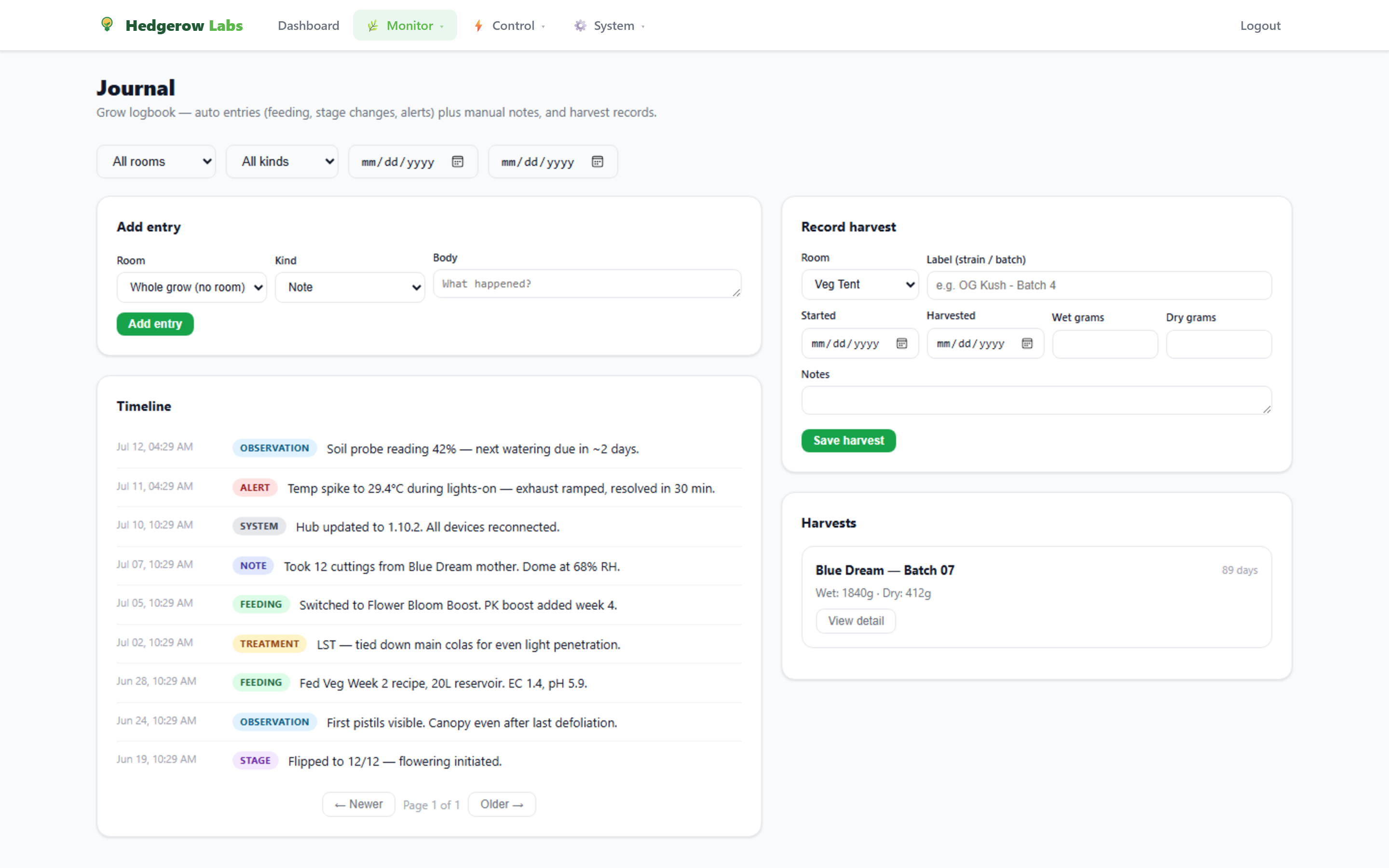 Grow journal — auto entries, notes and harvest records